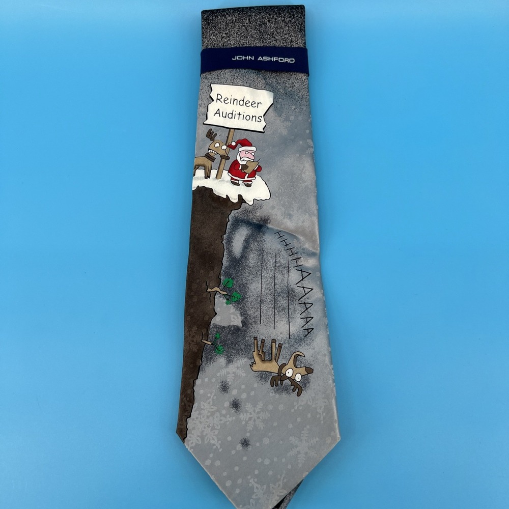John Ashford Santa Reindeer Silk Neck‎ Tie Christmas Winter Holiday Forest Print